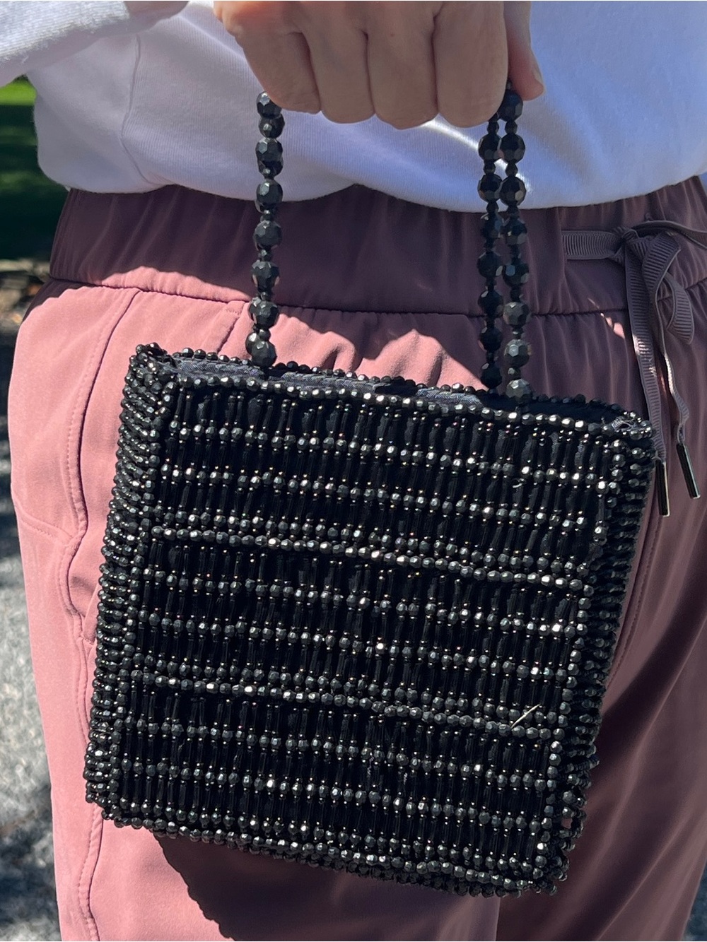 Black Beaded Mini Shoulder Bag - Women's Evening Bag